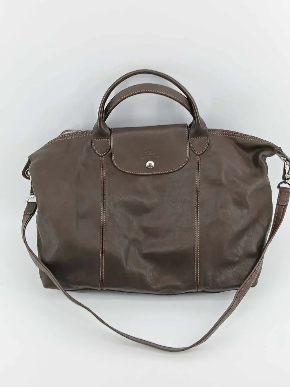 Brown Leather travel bag , purse, satchel , Longchamp Le Pliage Cuir